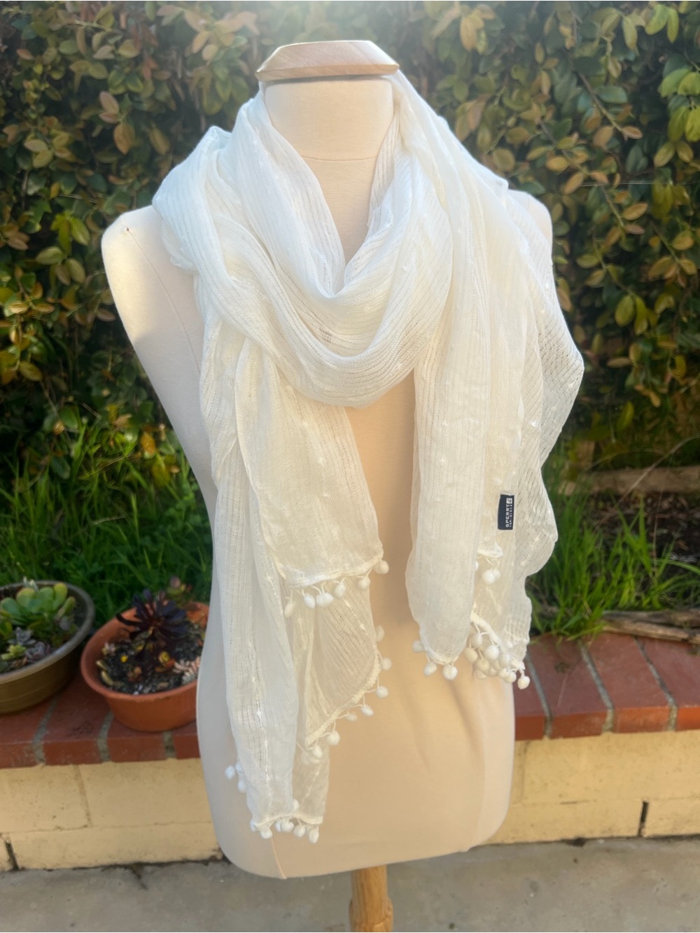 Sperry White Lightweight Pom-Trim Scarf
